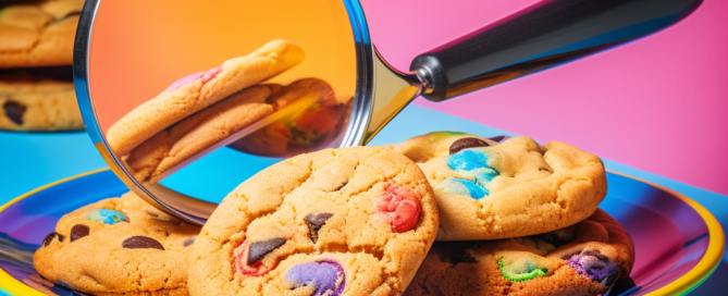 Magnifying glass examining a plate of cookies.