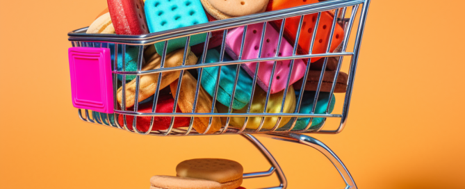 Shopping cart loaded with big, multi-colored cookies.