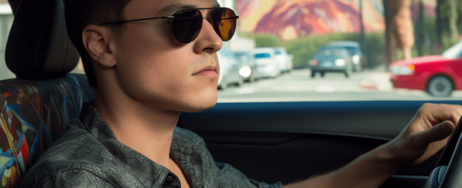 man sitting in car in sunglasses privacy